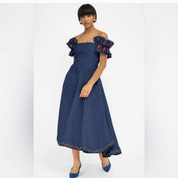 Fanm Mon Dresses & Skirts - Fanm Mon Blue Midi Dress with Red Accents